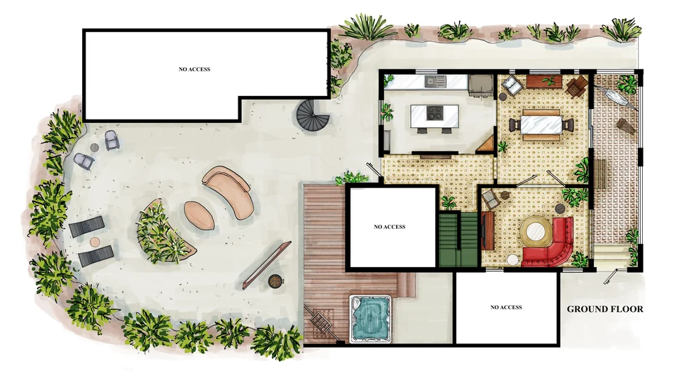 Casa Frida main-level floor plan with the living spaces, kitchen and backyard