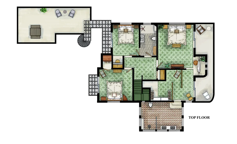 Casa Frida upper-level floor plan with three bedrooms, two bathrooms and balconies