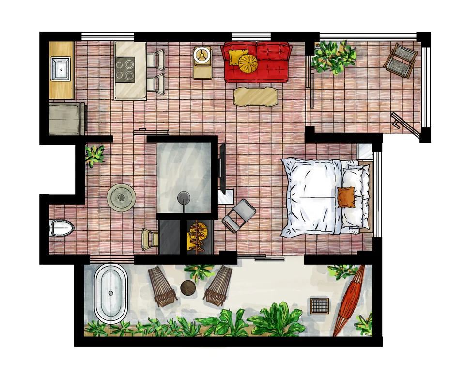 DA1 studio floor plan with a king bed, sofa bed, kitchen and private terraces