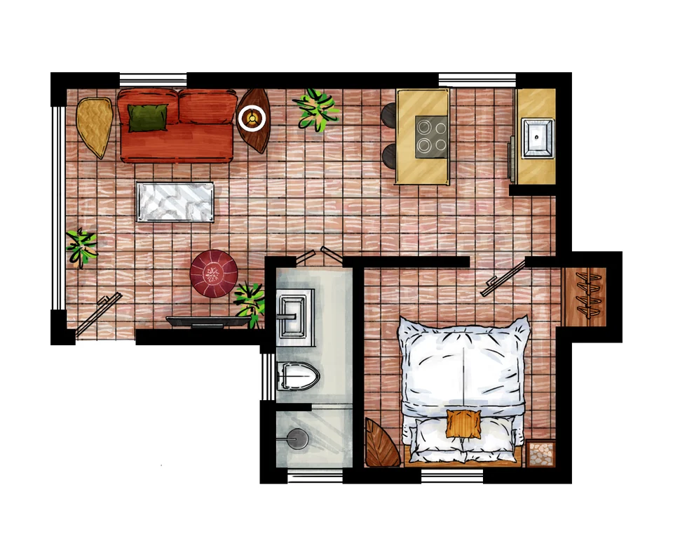 DA2 floor plan with a separate queen bedroom, sofa bed, kitchen and bathroom