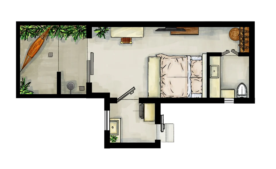 JA1 studio floor plan with a queen bed, kitchenette and private patio