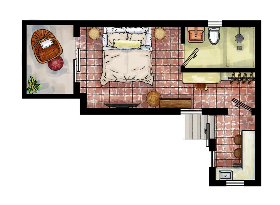 JA2 studio floor plan with a queen bed, outdoor kitchenette and terrace