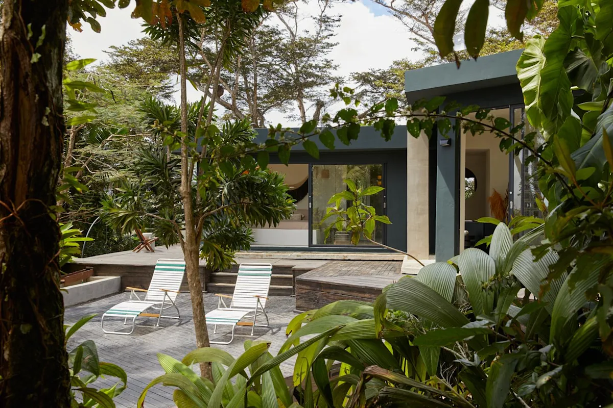 The deck, loungers and saltwater pool beside the house at Selva by DW, in the rainforest near Luquillo.