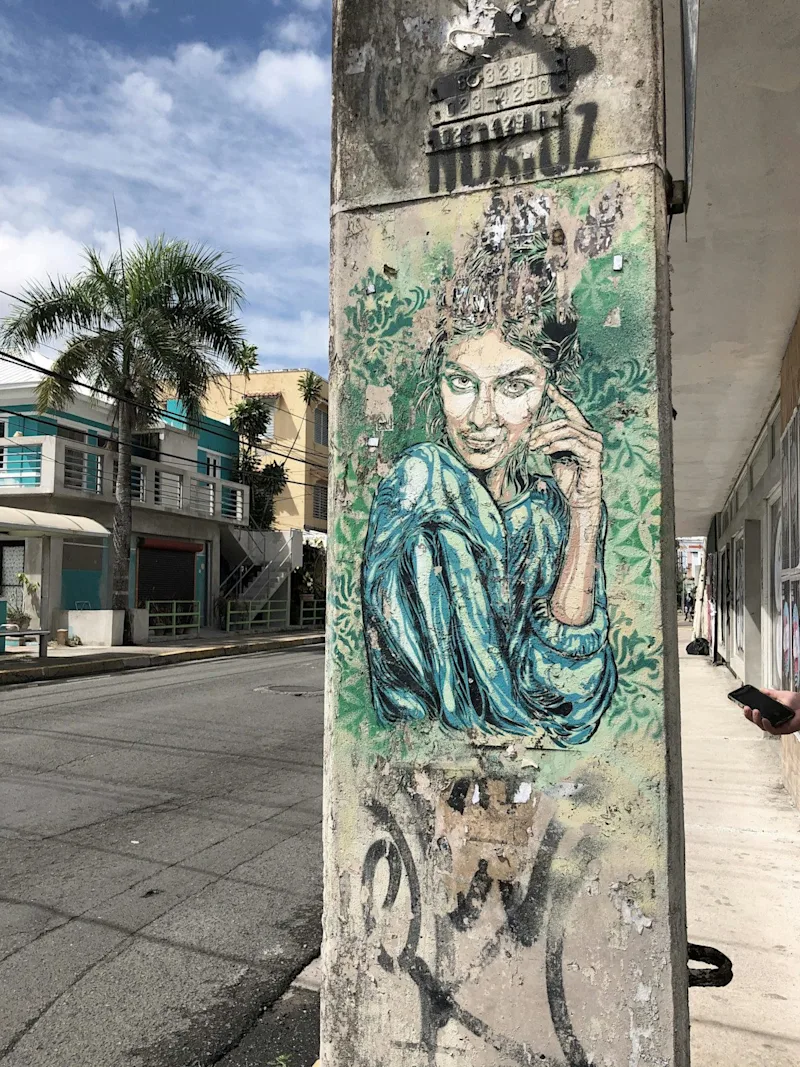 A painted mural of a woman on a wall beside a palm-lined San Juan street.