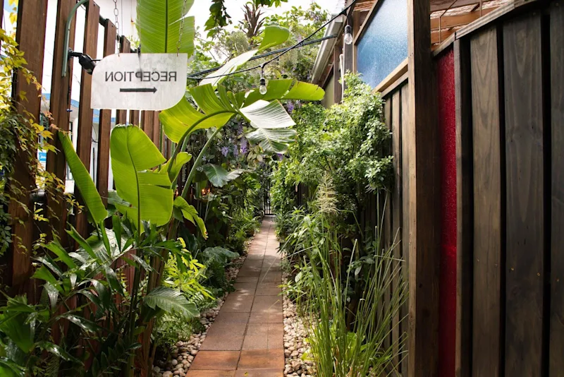 The planted walkway leading to reception at Dreamcatcher, the flagship boutique hotel of Dreamers Welcome in Ocean Park, San Juan.