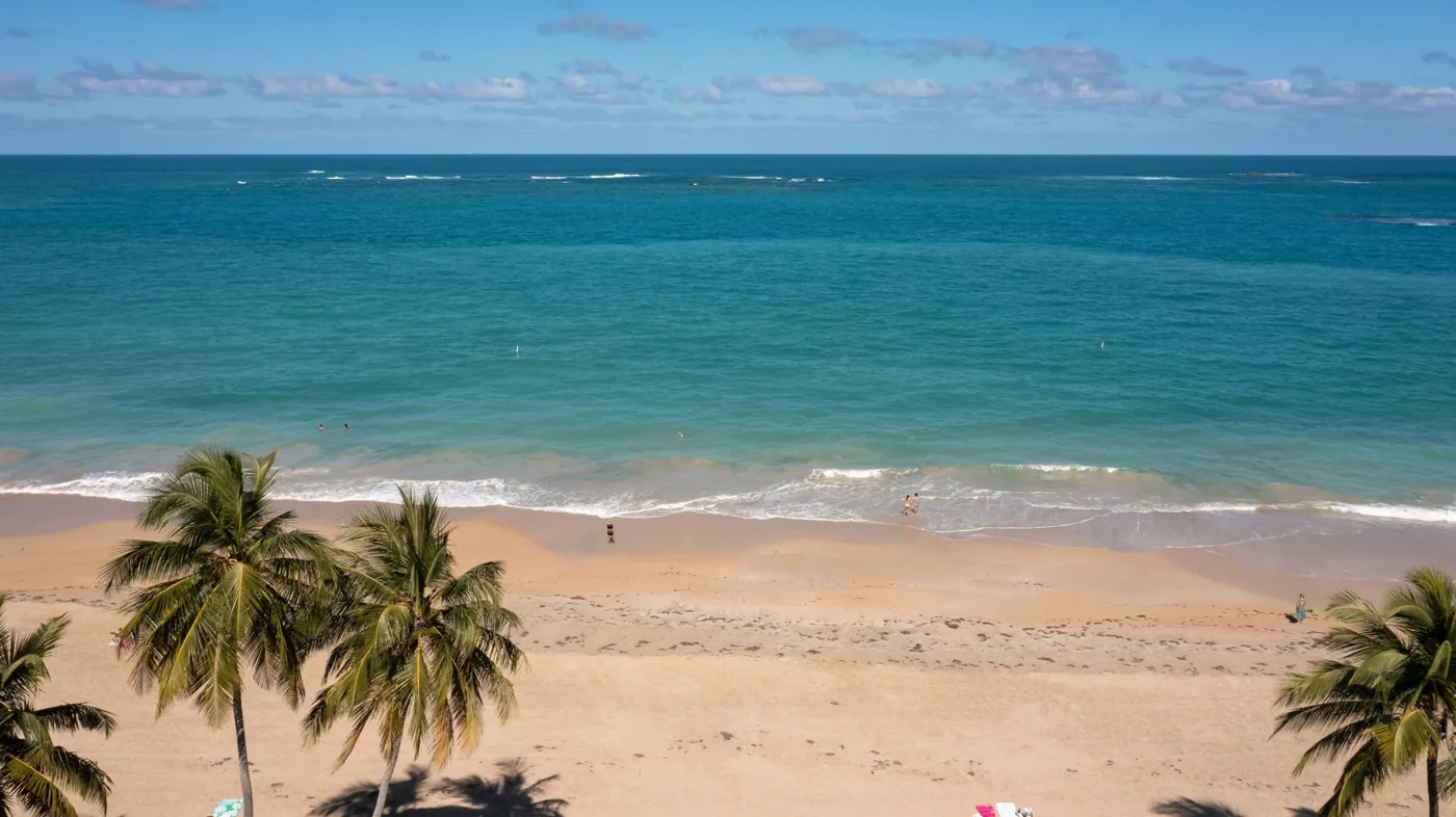 Ocean Park beach and palms beneath a blue Puerto Rico sky.