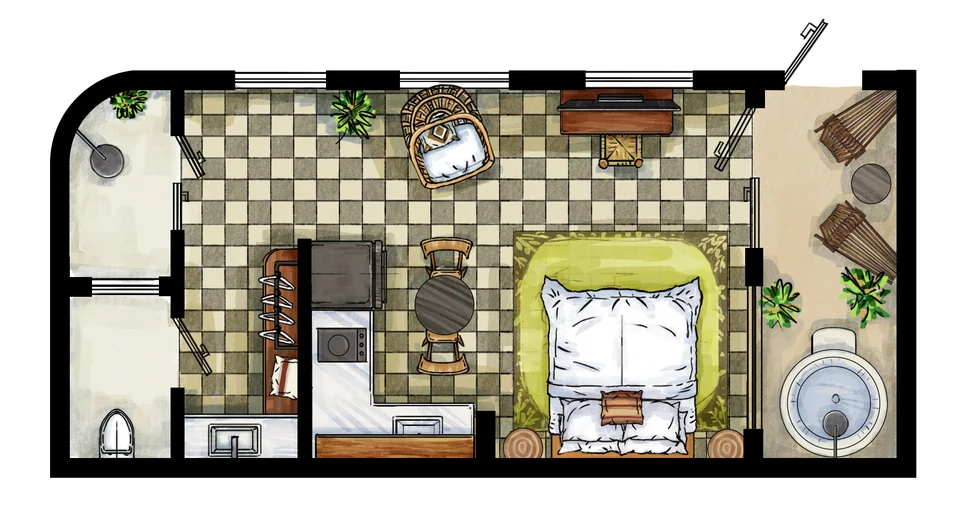 Paz 1 studio floor plan with a king bed, kitchen, bathroom and private patio