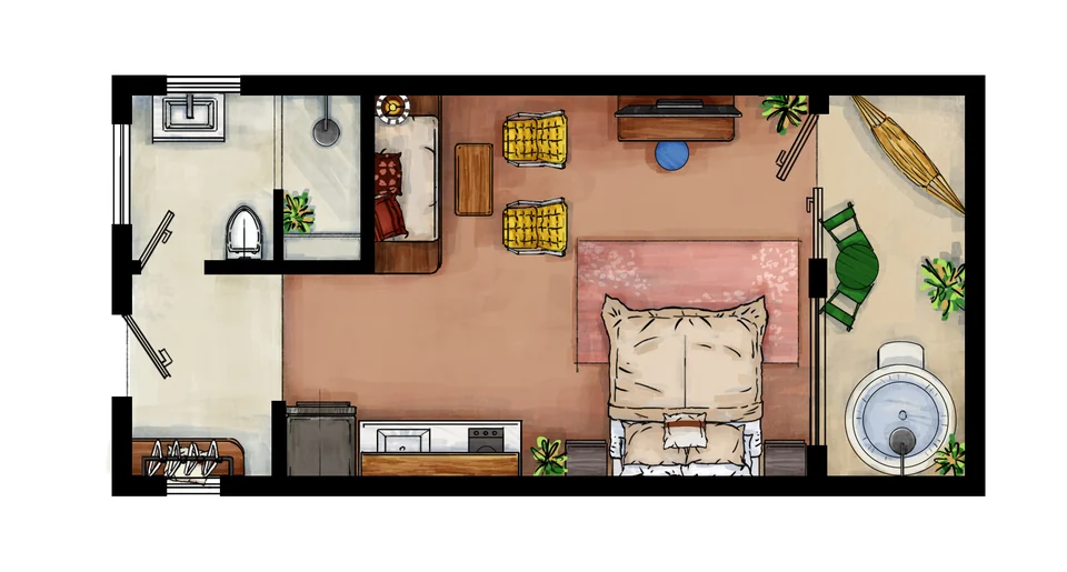 Paz 2 studio floor plan with a king bed, daybed, kitchenette and private patio