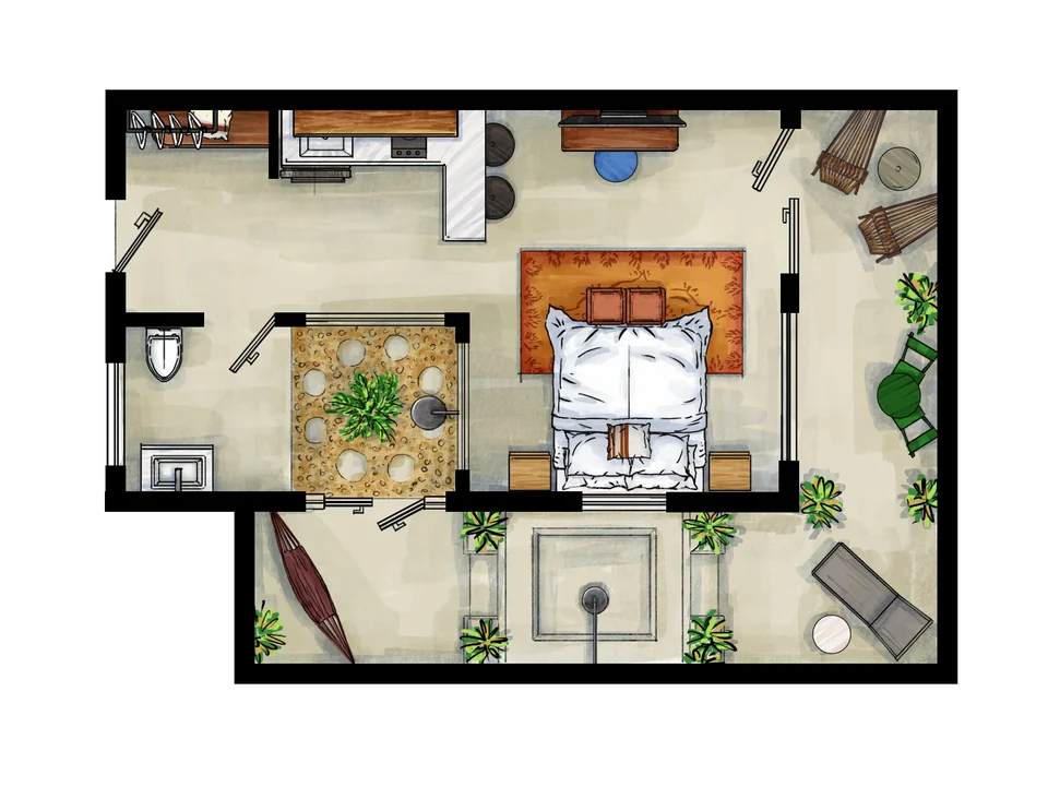 Paz 3 studio floor plan with a king bed, kitchen, tree shower room and private patio