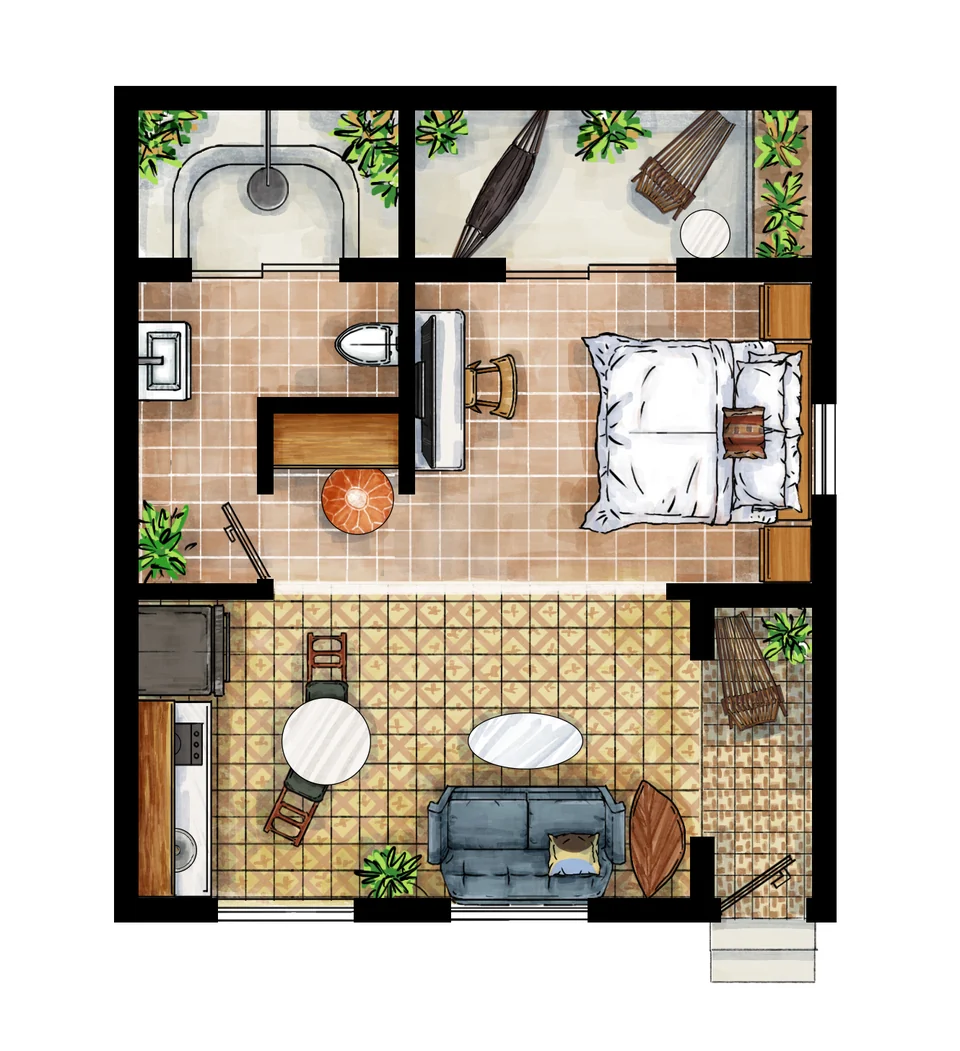 Rosa 1 studio floor plan with a king bed, kitchenette, bathroom and private terrace