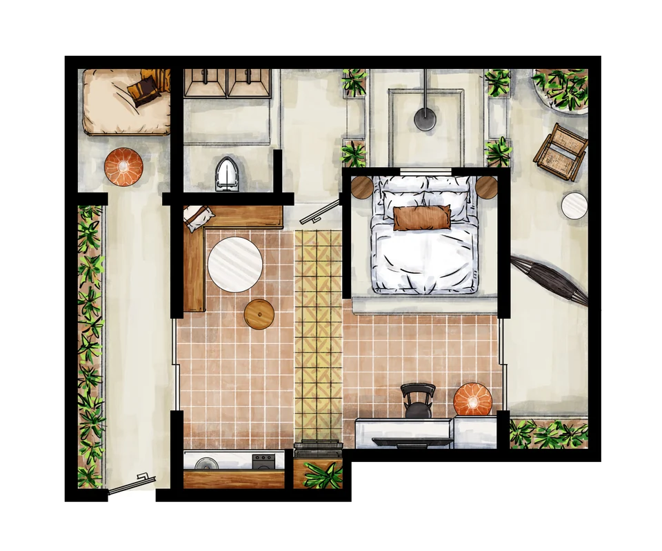 Rosa 2 apartment floor plan with a king bed, kitchenette and private outdoor spaces