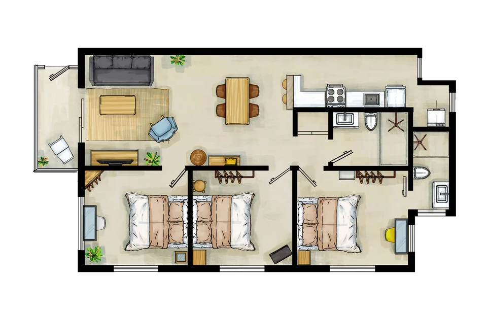Adventurer floor plan with three queen bedrooms and two bathrooms