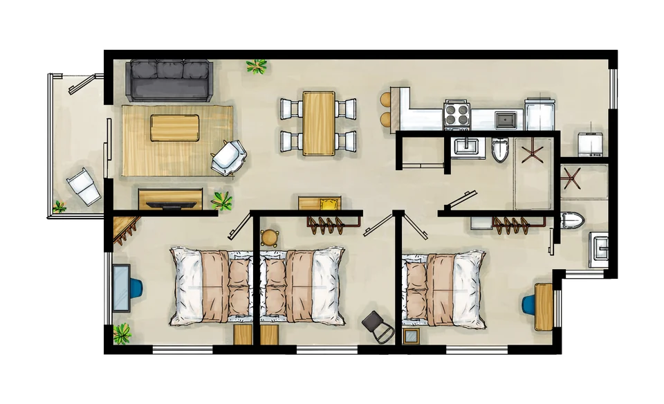 Dreamer floor plan with three queen bedrooms, two bathrooms and a balcony