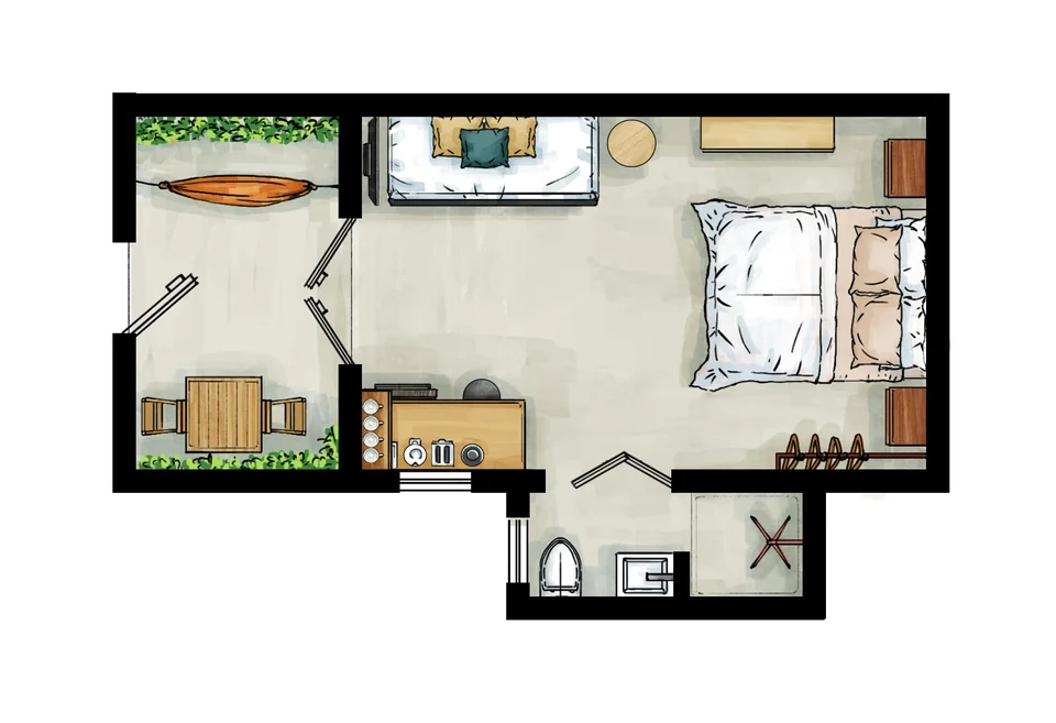 Lover studio floor plan with a queen bed, daybed and private terrace