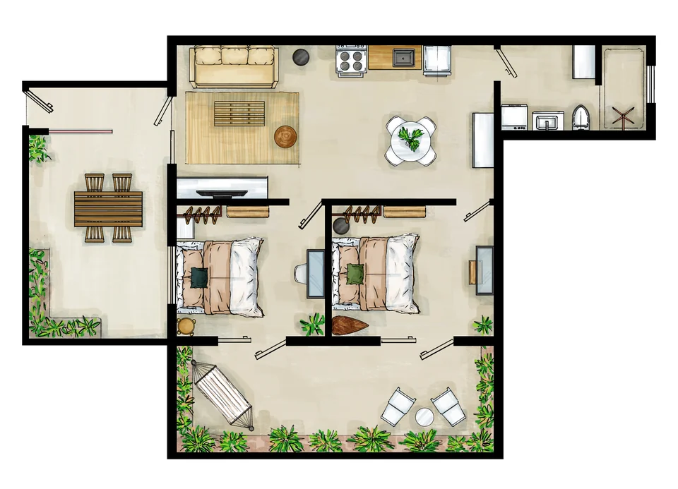 Nomad floor plan with two queen bedrooms, one bathroom and two private terraces