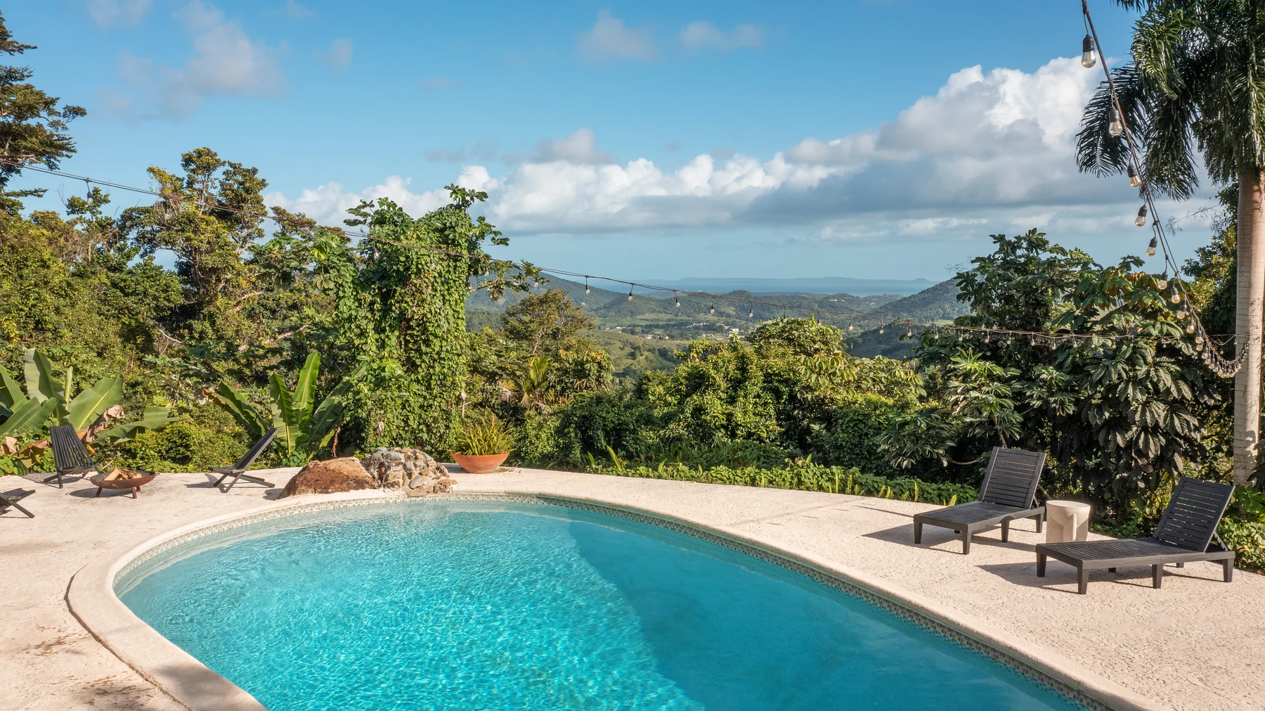 Wald Haus’s curved pool looking out across rainforest toward the sea